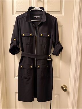 Sharagano Black Midi Shirt Dress with Gold Buttons and D-Ring Belt